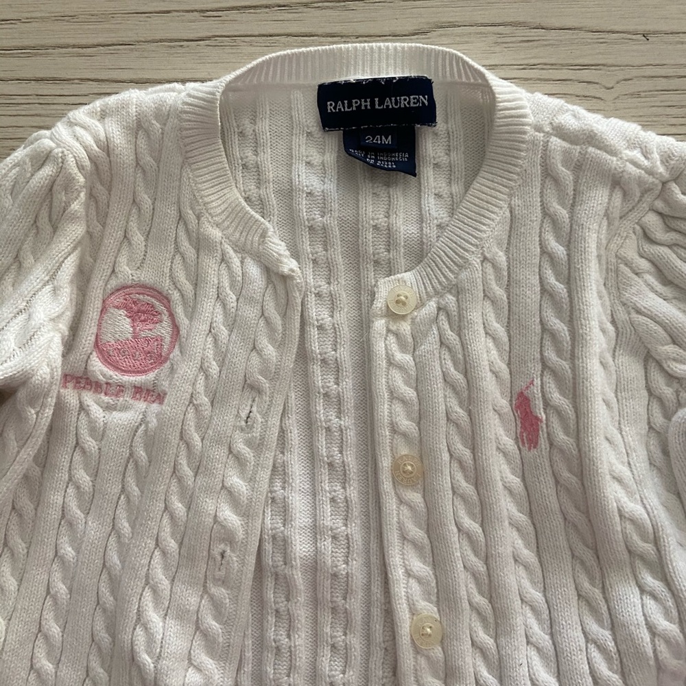 RALPH LAUREN WHITE & PINK LOGO BUTTON CARDIGAN 24M - Picture 2 of 3